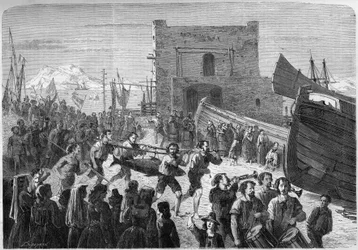 Palermo-fiskere, der sejrede med den første tun, der blev fanget ved åbningen af fiskeriet. Sicilien, Italien