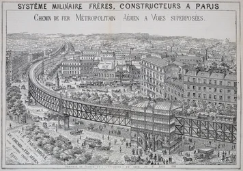 Panoramaudsigt over den overjordiske metro i Paris, illustration fra Le Metropolitain, maj 1885