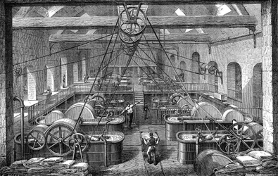 Papirindustri: værksted til raffinering og blegning af papirmasse. Stik 1867