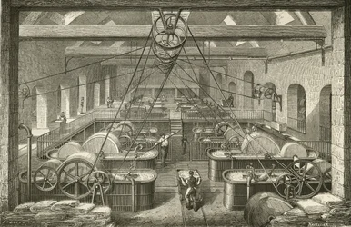 Papirfremstilling: blegning af kludemasse. Gravering c1870.