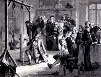 Papin (1647 - 1714) eksperimenterer med sin pulvermaskine foran professorerne ved universitetet i Marburg - i "Album of Science; berømte videnskabsmænd; Store opdagelser””” 1896.