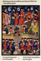 Parisisk kommerciel trafik: købmændenes og echevinernes prævoter, transplantationen, kuratoren, anklageren, fuldmægtigen, varesergenterne... - faksimile af en miniature af middelalderen