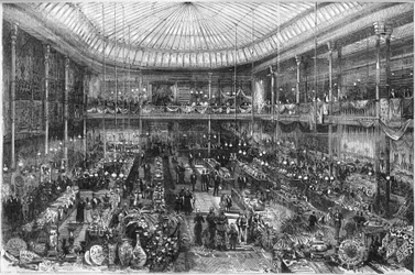 Parisiske stormagasiner: udsigt over Little Saint Thomas butikshal i 1878. Gravering af Scott i "" The Illustrous World"" nr. 1124 af 12. oktober