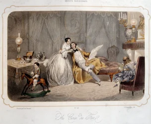 Parisiske aftener: "by the fire" Et borgerligt par og børn på en træhest i et interiør. Litografi fra det 19. århundredes Paris. Dekorativ kunst