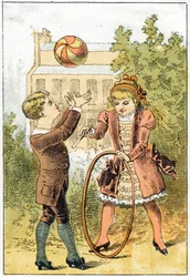 Paul spiller bold og Louise spiller bøjle - i "Alphabet des petits savants", slutningen af 1800-tallet (kromolitografi)