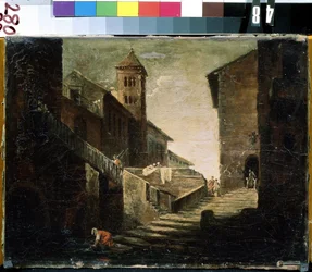 ""Landskab i en fransk landsby"" Broen og floden i en populær bydel. Fransk skolemaleri. Det tidlige 18. århundrede Mikhail Kroshitsky kunstmuseum, Sevastopol (Sevastopol) Ukraine