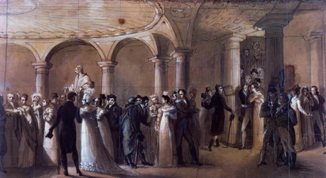 Peristyle på Theatre-Francais i Paris, ca. 1822 (farve litho)