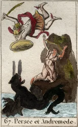 Se repræsentation, der kommer Andromedes undsætning enchainee a un rock (Perseus redde Andromeda lænket til en klippe) Fra "Mythologie de la jeunesse" af Pierre Blanchard 1803.