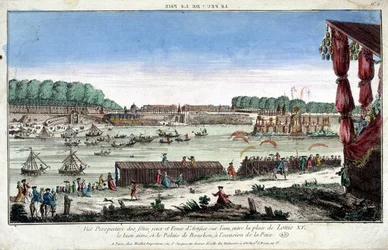 Perspektiv visning af fester, spil og fyrværkeri på vandet, mellem Place Louis XV og Palais Bourbon, i anledning af fred
