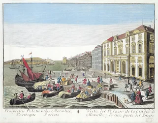 Perspektiv udsigt over rådhuset og en del af havnen i Marseille, ca. 1770