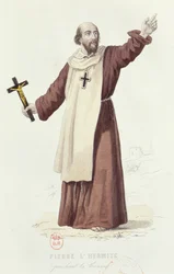 Eremitten Peter (ca. 1050-1115) prædikede det første korstog i 1095, ca. 1840 (farvegravering)