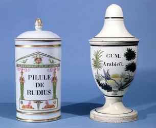 Farmaceutiske krukker til Pilule de radius og Gum Arabic (fajance)