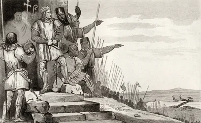 Philippe II Auguste (1165-1223) vinder slaget ved Bouvines efter bøn, fra 