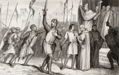 Philippe I (1052-1108) og pave Urban II (ca. 1035-99) samler tilhængere til det første korstog i 1095, fra 