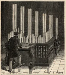 Piano a Gaz - (gasorgel) Pyrofon (ild-/eksplosionsorgel) (brand-/eksplosionscalliope) Indgravering i "" Videnskaber bragt til døren for alle - Populær fysik og kemi" af Alexis Clerc - Slutningen af det 19. århundrede - Privat samling