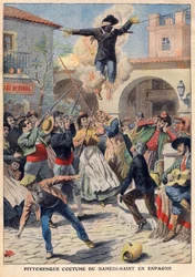 Malerisk skik på hellig lørdag i Spanien: folket laver en flet mannequin klædt i oriskins (Judas), der går gennem gaderne, invektiv, skudt og brændt - illustration fra "The Petit Journal" af 31. marts