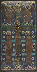 Plaque fra et bogomslag med korsfæstelsen, begyndelsen af 1200-tallet (kobber: forgyldt, indgraveret, jaget; champlevé-emalje; trækerne)
