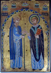 Plade på det store alter i Grandmont-klostret, der repræsenterer den hellige Stephen af Muret, grundlæggeren af Grandmont-ordenen, med hans foretrukne discipel Hugues Lasert (Lacerta). E-mail fra Limoges. 1375-1400. Museum for middelalderen i Cluny, Paris