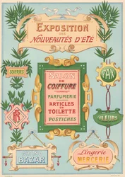 Tavle nr. 17: Skiltemodeller til art nouveau-maler (udstilling, frisørsalon, basar, sybeholdere).
