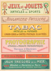 Tavle nr. 20: Skiltemodeller til jugendstil-bogstavmaler (Spil og legetøj, Bageri-Patisserie, Tobak, Fotografi).