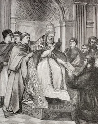 Pave Gregor IX overrækker dekreterne til en fortaler for konsistoriet, fra 
