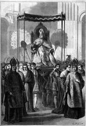 Pave Pius IX (1792-1878) bærer procession til Peterskirken i Rom (Italien) palmesøndag i 1861. Indgravering i "" Le Monde Illustré"" nr. 209 af 13. april 1861.