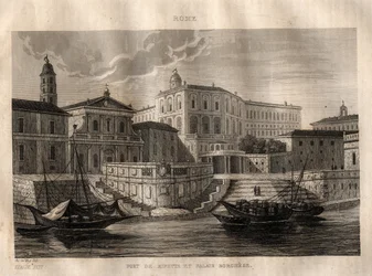 Porto di Ripetta og Palazzo Borghese - Rom - Gravering fra "" Det maleriske Italien" - Historisk og beskrivende maleri af Italien" af M. de Norvins, Ch. Nodier 1834-1836.