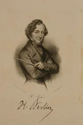 Portræt og signatur af Hector Berlioz (1803-69)