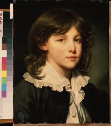 ""Portræt af en dreng"" (Portræt af en dreng) Ung teenager med langt hår. Fransk skolemaleri. Sent i det 18. århundrede Pushkin Museum, Moskva