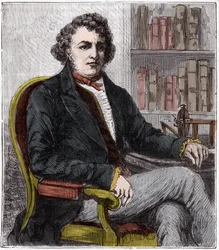 Portræt af Andre Marie Ampere (1775-1836) fransk fysiker - Andre-Marie Ampere (1775-1836), fransk fysiker og pioner inden for elektrodynamik - Indgravering i "" Sciences mise à la range de tous - physics et chimie populaires"" af Alexis Gejstlig - Slutning