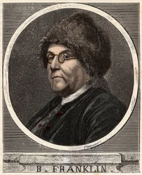 Portræt af BENJAMIN FRANKLIN (1706-1790) Amerikansk trykker, udgiver, videnskabsmand, opfinder, statsmand og diplomat - Portræt af Benjamin Franklin (1706-1790), amerikansk fysiker, filosof og politiker - Indgravering i "" Videnskaber bragt til rækkevidde 