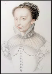 Portræt af Catherine de Medici (1519-89), faksimile af en tegning fra det 16. århundrede, der vises i Portrætter af de mest berømte franske personligheder i det 16. århundrede, af P.G. Niel, Paris, 1848 (grafit o