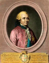 Portræt af Charles Gravier, greve af Vergennes (1719 - 1787). Stik af det 18. århundrede. Privat samling.