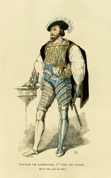 Portræt af Claude de Lorraine (1496-1550), den første hertug af Guise. Farvegravering, i "Frankrig og franskmændene gennem århundrederne"" af Augustin Challamel, F.Roy-redaktør, Paris 1882. Selva-samlingen.