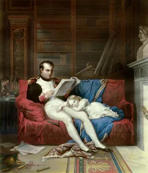 Portræt af kejser Napoleon I (1769-1821) og hans søn, konge af Rom, Napoleon II, hertug af Reichstadt (1811-1832) sov på hans skød. Indgravering af det 19. århundredes Malmaison, musee du chateau
