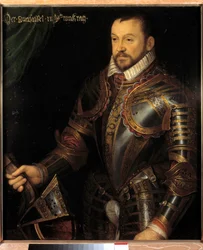 Portræt af Francois I, hertug af Montmorency, marechal af Frankrig (1530-1579) i rustning indgraveret med hans monogram og af hans kone Diane de France Maleri af den franske skole i det 16. århundrede. Svag. 0,87x0,74 m. Versailles, Chateaux de Versailles 