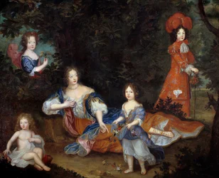 Portræt af Francoise Athenais (Francoise-Athenais) af Rochechouart Mortemart, Marquise de Montespan (eller Madame de Montespan) (1640-1707) og hendes børn, hertugen af Maine, greven af Vexin, frøken af Tours og frøken af Nantes. fransk skole