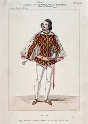 Portræt af Gilbert Duprez, fransk tenor og komponist i "La Favorite" af Gaetano Donizetti (farvet gravering)