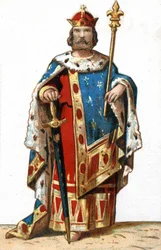 Portræt af Hugues I Capet (v. 941 - 996), hertug af Frankrig og derefter konge af Frankrig. Kromolitografi i slutningen af det 19. århundrede.