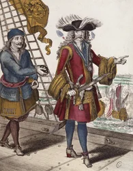 Portræt af Jean Bart (1650-1702) med en brændende lunte i munden under et sømøde (farvegravering)