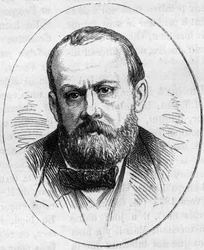 Portræt af Jean Joseph Perraud (1819/1821-1876), fransk billedhugger. Indgravering i "" Le Monde Illustré"" nr. 890 af 2. maj 1874.