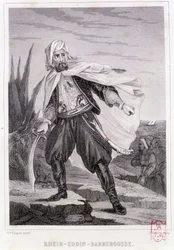 Portræt af Kheir - Eddin - Barberousse, tyrkisk pirat fra det 16. århundrede - i "" History of the pirates and the corsairs of the Ocean and the Mediterranean"" af P. Christian, Paris, D. Cavaillés ed., bind 1