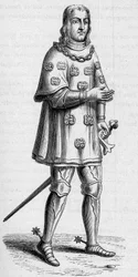 Portræt af Louis de Malet, herre over Graville (ca. 1441-ca. 1519), admiral af Frankrig i 1487, i krigs- og turneringsdragt. Gravering i "La Marine et les kolonier: handel"