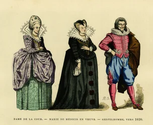 Portræt af Marie de Medicis (1573-1642), dronning af Frankrig, i enkens skik, omgivet af en hofdame og en herre, ca. 1620. Farvestik, i “France et les francais a travers les siecles”” af Augustin Challamel, F.Roy-redaktør, Paris 18