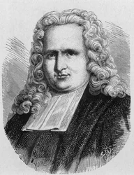 Portræt af Pieter (Petrus, Pierre) van Musschenbroek (1692 - 1761), hollandsk fysiker, opfinder i 1745 af den første elektriske kondensator (flaske Leiden) - i "" Album of Science; berømte videnskabsmænd; Store opdagelser””” 1896.