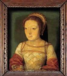 Portræt af Renee af Frankrig, datter af Ludvig XII, hertuginde af Ferrara (1510 - 1575). Olie på træ, 0,16 x 0,13 m. anonymt maleri. Fransk skole i det 16. århundrede.
