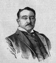 Portræt af Sir Cecil Rhodes (1853-1902), engelsk guvernør for kolonien Cape Town i Sydafrika (Transvaal). Indgravering i "La gazette du dimanche"" af 16. januar