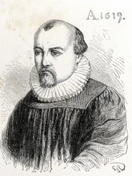 Portræt af Solomon de Caus (1576-1624), fransk fysiker - i "" Album of Science; berømte lærde; Store opdagelser””” 1896.