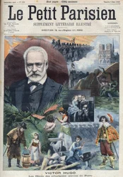 Portræt af den franske forfatter Victor Hugo (1802-1885) med illustrationer af hans hovedværker. Gravering i "Le petit Parisien""