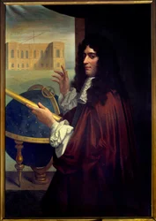 Portræt af den italienske astronom Jean Dominique Cassini (1625-1712) foran Paris Observatorium. Anonymt maleri af den franske skole